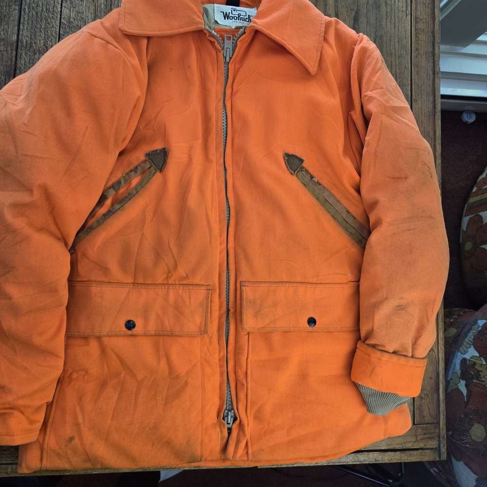 Vintage 80s Woolrich Jacket Mens Size Medium Orange Down Filling Hunting Chore